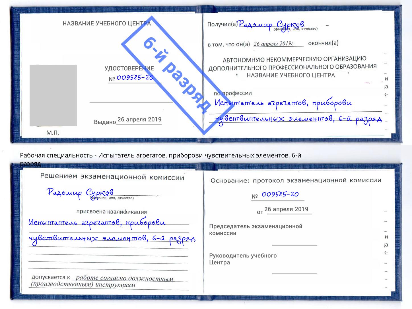 корочка 6-й разряд Испытатель агрегатов, приборови чувствительных элементов Рыбинск