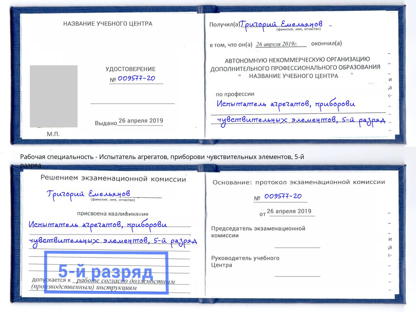 корочка 5-й разряд Испытатель агрегатов, приборови чувствительных элементов Рыбинск