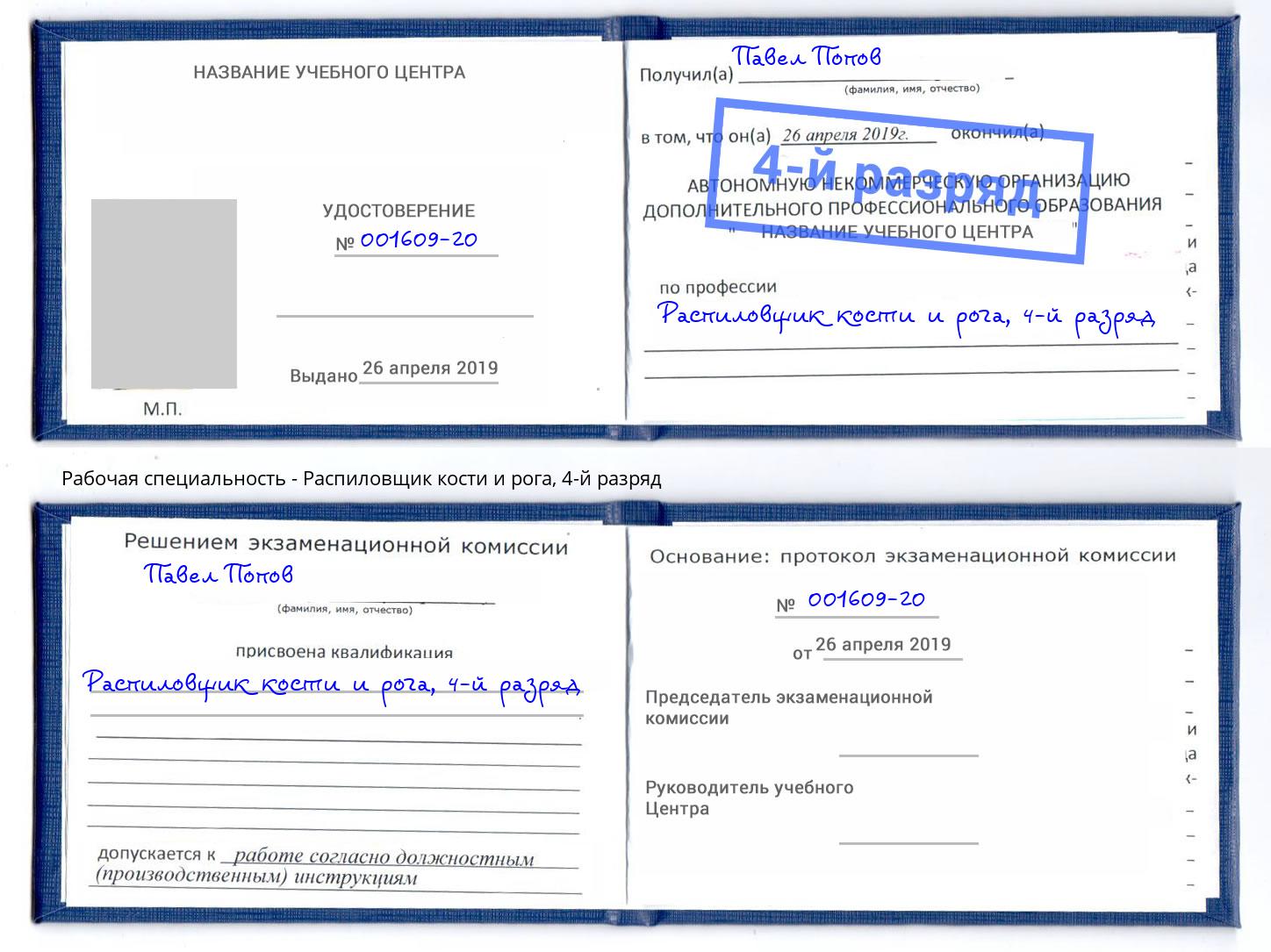 корочка 4-й разряд Распиловщик кости и рога Рыбинск