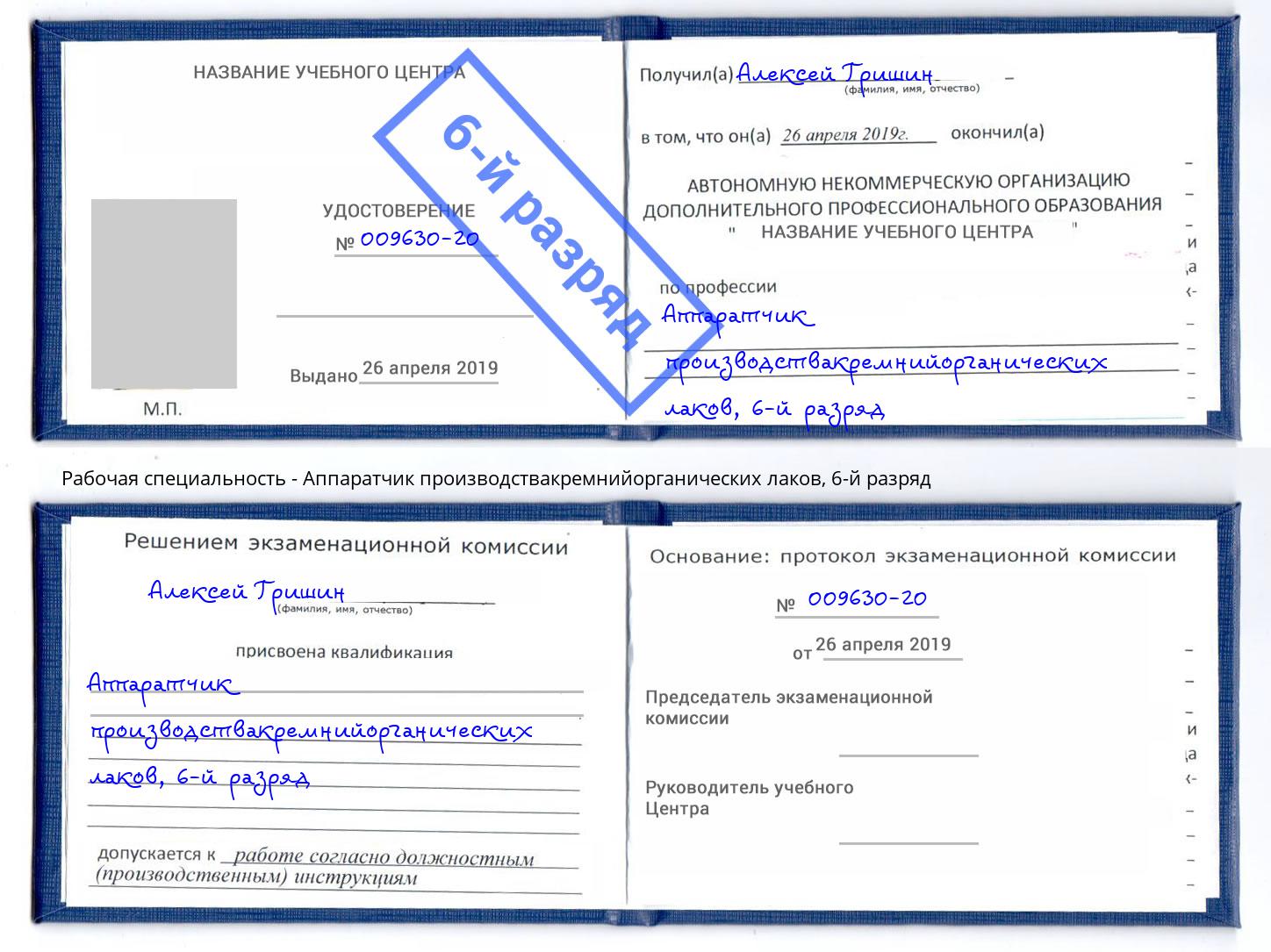 корочка 6-й разряд Аппаратчик производствакремнийорганических лаков Рыбинск