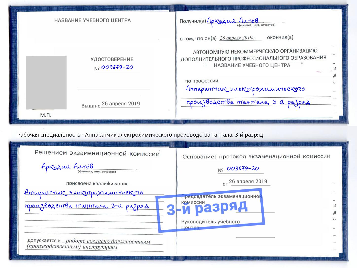 корочка 3-й разряд Аппаратчик электрохимического производства тантала Рыбинск